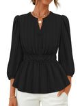 ZESICA Womens 2026 Fall Babydoll Peplum Tops V Neck Puff 3/4 Length Sleeve Shirts Dressy Casual Blouses,Black,Small