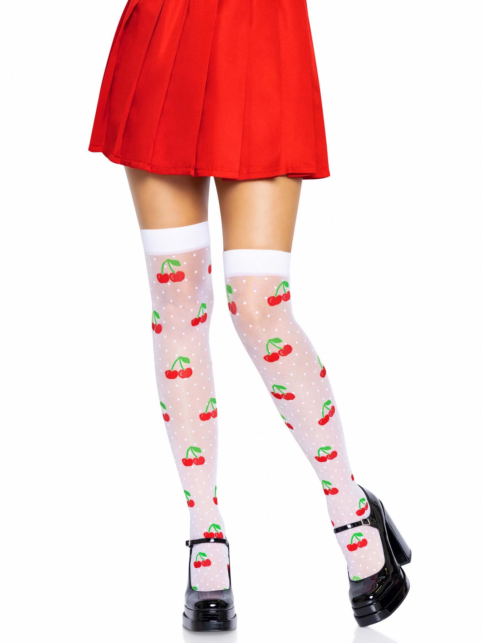 Spandex sheer polka dot cherry thigh highs.
