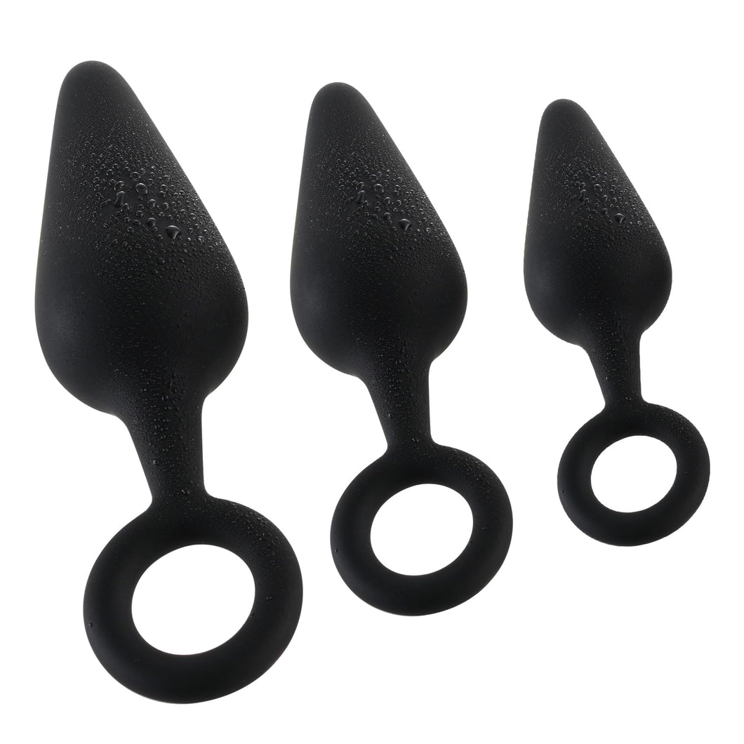 Silicone Anal Plug Training Kit with Safe Pull Ring, 3pcs Butt Plug Trainer Set,Anal Sex Toy Trainer Kit for Beginners Men Women
