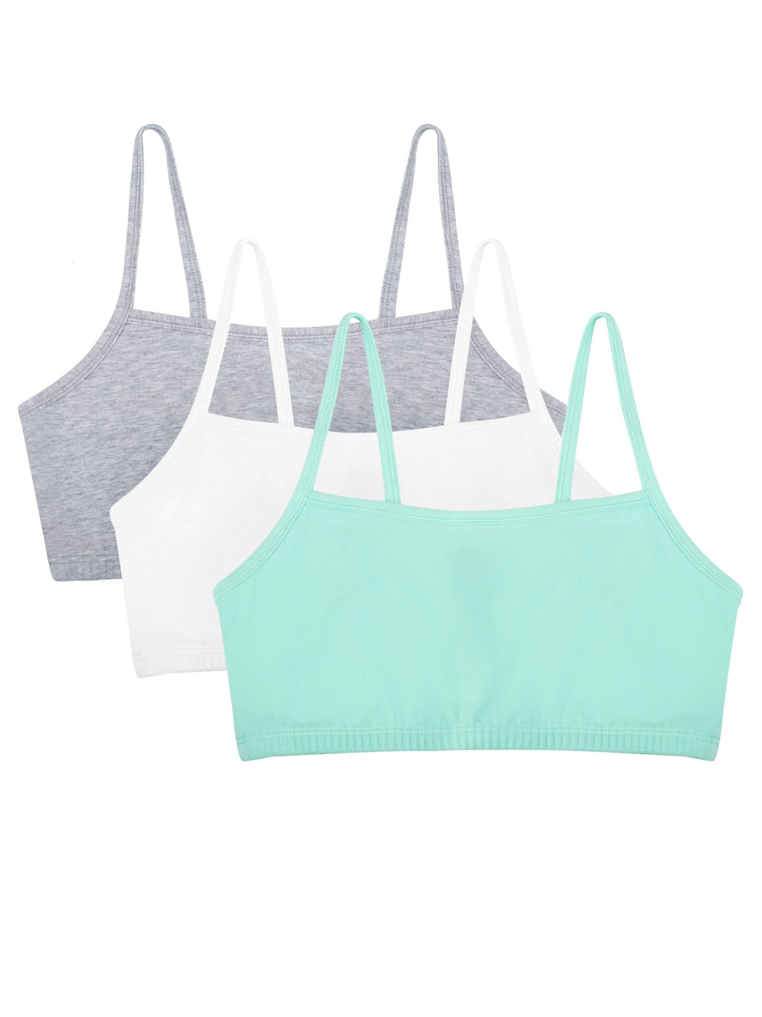 Fruit of The Loom Womens Spaghetti Strap Cotton Pull Over 3 Pack Sports Bra, Mint Chip/White/Grey Heather, 44