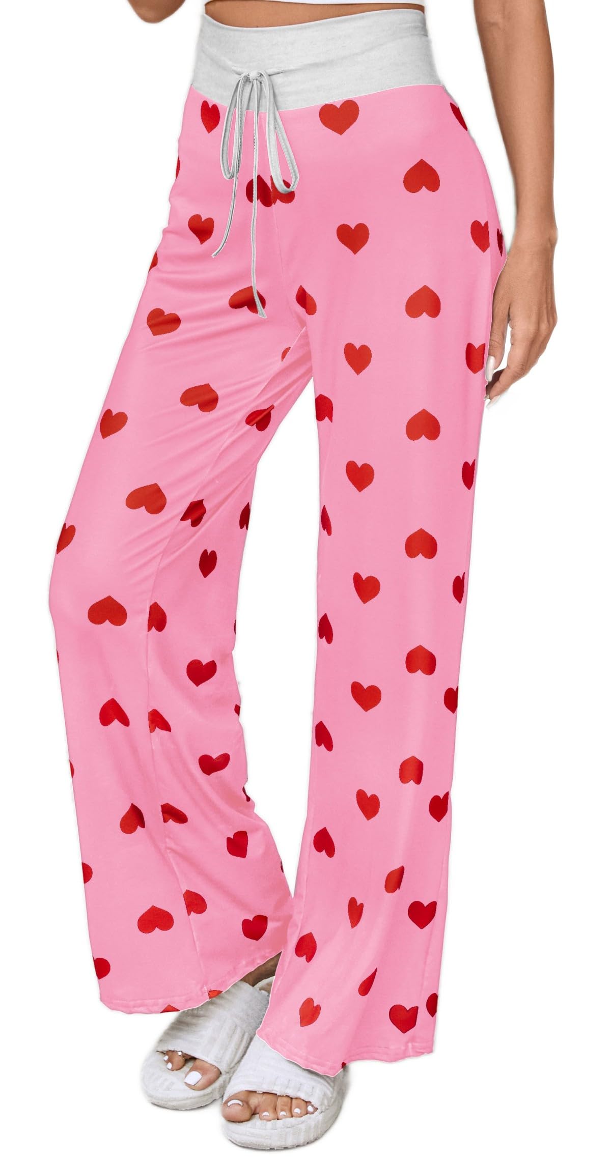 X-Image Womens Comfy Casual Heart Pajama Pants Valentines Gift Drawstring Palazzo Lounge Pants Wide Leg Red Heart-Pink, Large
