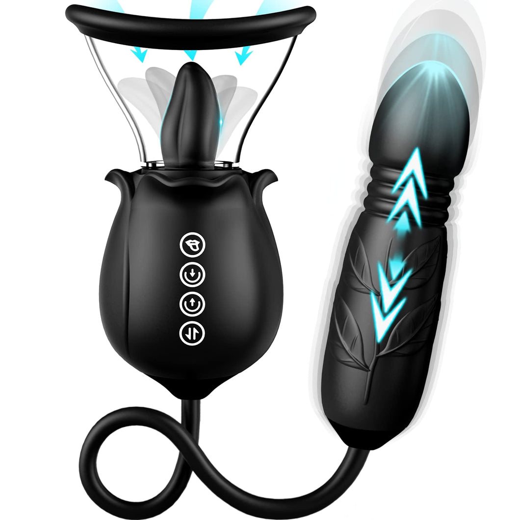 Rose Sex Toy for Womens Sex Toys - 3in1 Rose Nipple Toys with 7 Tongue Licking & 3 Thrusting Vibrator Dildo Adult Sex Toys for C