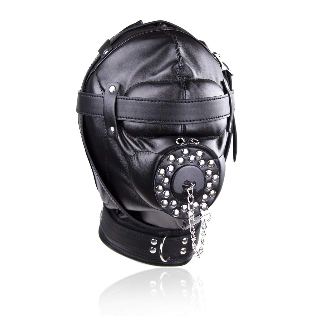 Full Face Mask Head Hood Faux Leather Open Mouth Bondage Restraints Face Mask with Lid, Fetish BDSM SM Game Blindfold, Full Head