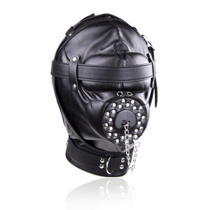 Full Face Mask Head Hood Faux Leather Open Mouth Bondage Restraints Face Mask with Lid, Fetish BDSM SM Game Blindfold, Full Head