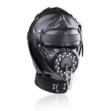Full Face Mask Head Hood Faux Leather Open Mouth Bondage Restraints Face Mask with Lid, Fetish BDSM SM Game Blindfold, Full Head