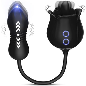 Rose Sex Toys with Thrusting Dildo - 3 in 1 Adult Toys Clitoral G Spot Vibrator Rose Sex Stimulator for Women with 9 Tongue Lick