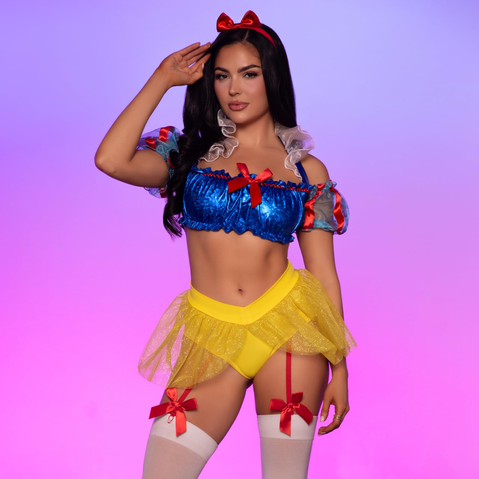3 Pc Bad Apple Snow White, Includes Shimmer Halter Bandeau With Organza Puff Sleeves And Ruffle Collar, Garter Panty With Shimme