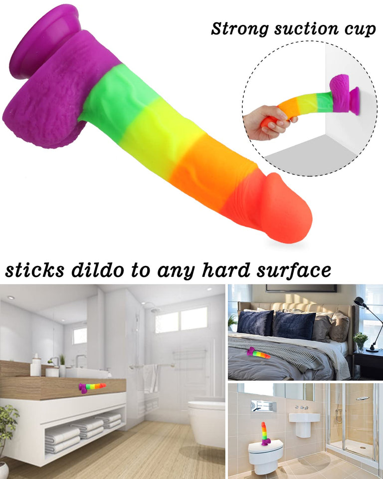 8.1 Inch Realistic Rainbow Dildo with Strong Suction Cap Base for Hands-Free Play, Ultra-Soft and Flexible Cock for G Spot Anal