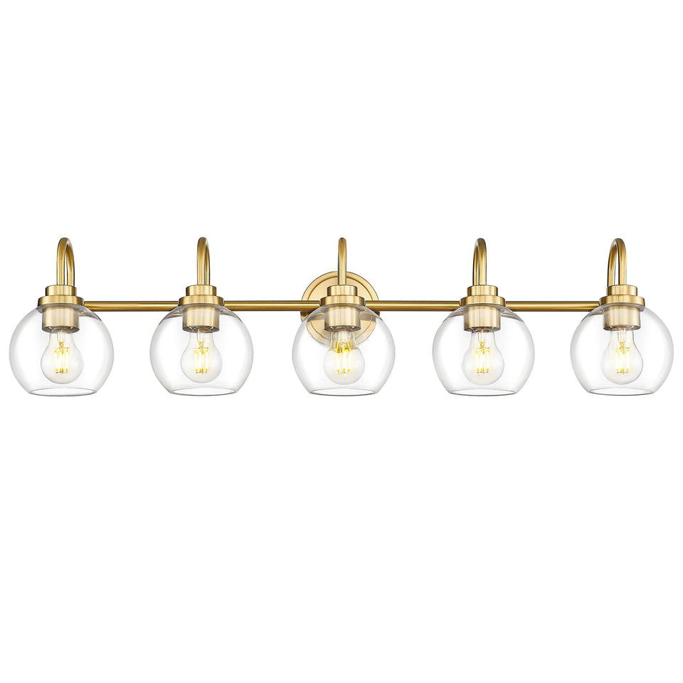 Audickic Bathroom Light Fixtures, 5-Light Brushed Gold Vanity Lights With Globe Clear Glass, 35 Inch Champagne Bronze Vanity Lig