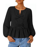 ZESICA Womens Long Sleeve Babydoll Tops Crewneck Tie Front Casual Loose Ruffle Flowy Peplum Shirts 2026 Fall Blouses,Black,X-La