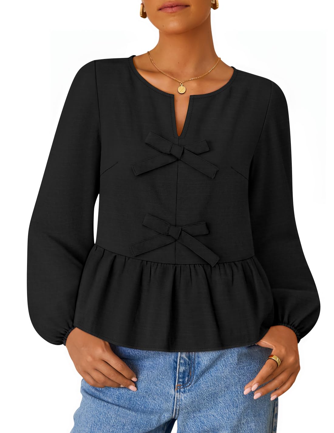 ZESICA Womens Long Sleeve Babydoll Tops Crewneck Tie Front Casual Loose Ruffle Flowy Peplum Shirts 2026 Fall Blouses,Black,X-La