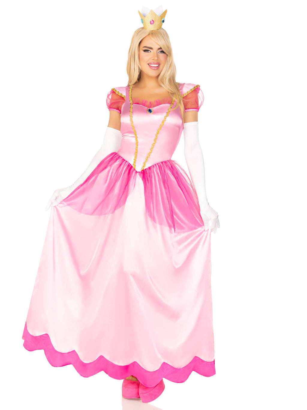2Pc.Classic Pink Princess Long Satin Gown And Crown Headband Medium Pink
