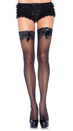 Sheer Lace Top Thigh Highs With Satin Bow Accent
