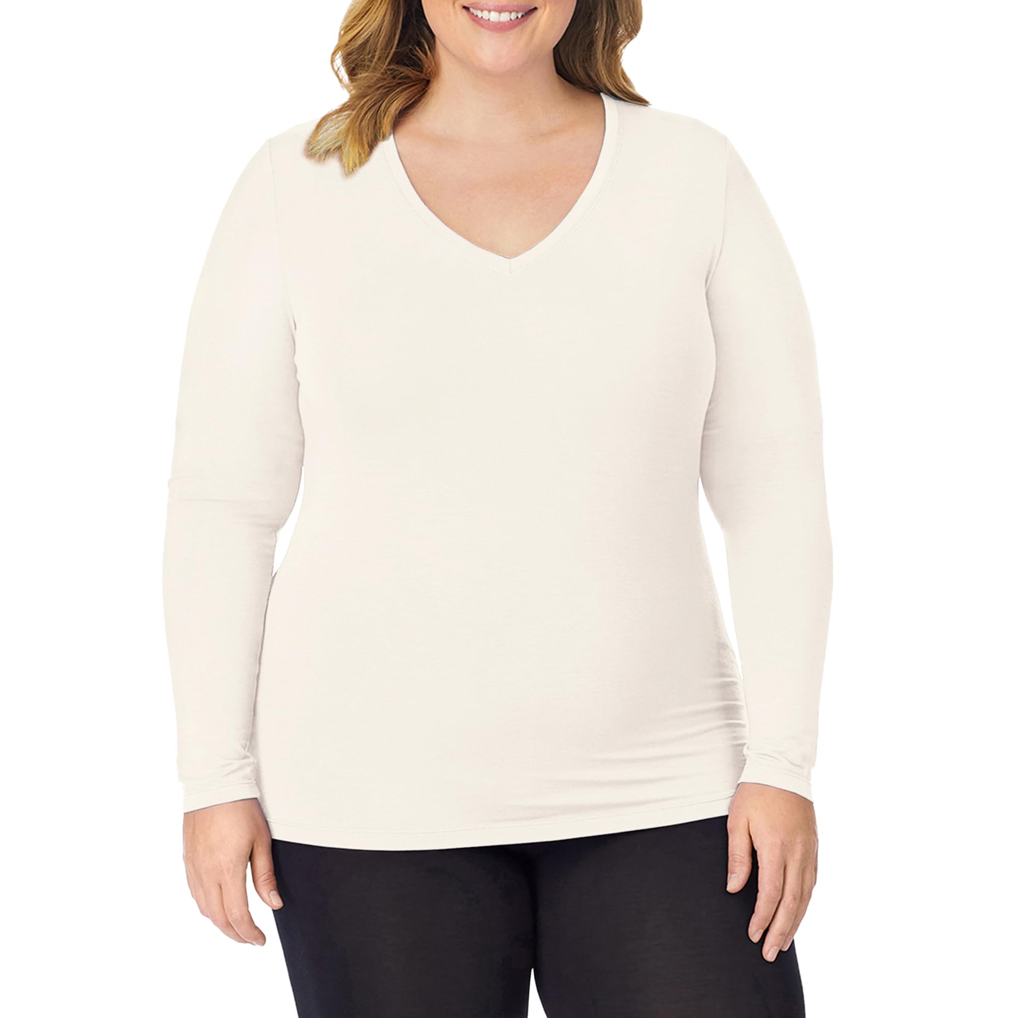 Cuddl Duds Womens Softwear with Stretch Long Sleeve V-Neck, Lightweight Comfort, Ultra-Soft Fabric, Ideal for Layering, Ivory, 