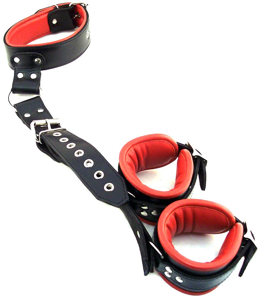 Rouge Group Leather Neck To Wrist Restraint With Padded Cuffs-Black/Red