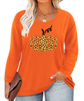 TIYOMI Women Plus Size Tops Long Sleeve 1X Round Neck Raglan Stripe Leopard Cheetah Animal Print Blouse Halloween Pumpkin Octobe
