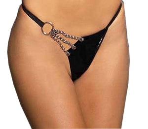 Elegant Moments Womens Vinyl G-String With Chain Detail-Black-One Size