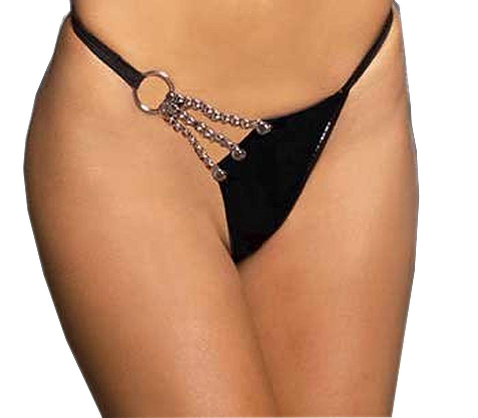Elegant Moments Womens Vinyl G-String With Chain Detail-Black-One Size