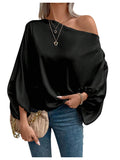 Verdusa Off The Shoulder Blouses for Women 3/4 Length Sleeve Asymmetrical Tops Dressy Casual Blouse Black Large