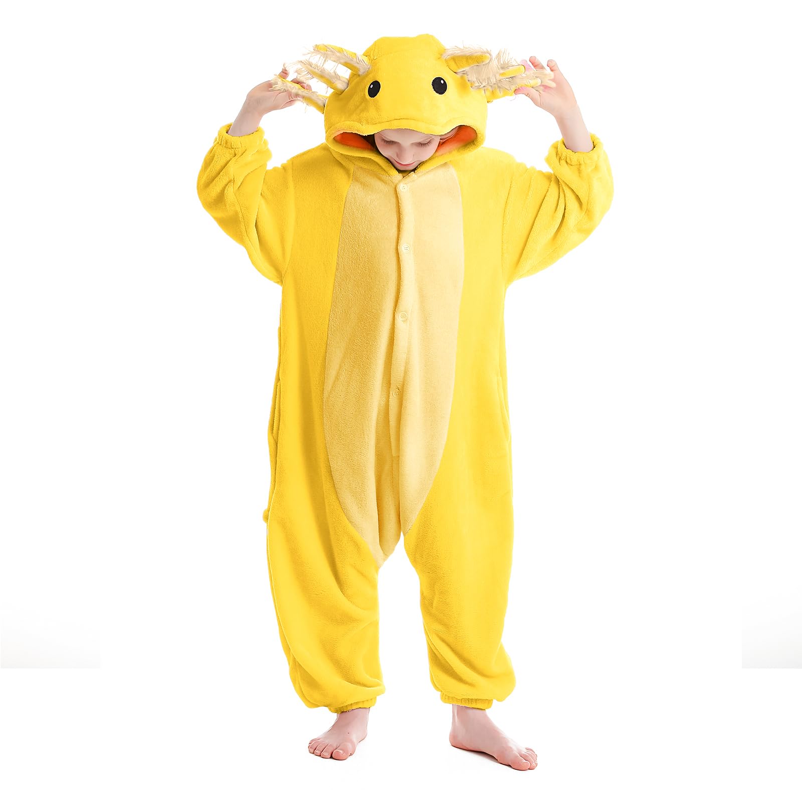 CuteOn Yellow Axolotl Onesie Kids Animal Pajamas for Boys Girls Halloween Christmas Costume Cosplay Sleepwear Height for 130cm