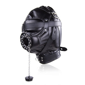 Full Face Mask Head Hood Faux Leather Open Mouth Bondage Restraints Face Mask with Lid, Fetish BDSM SM Game Blindfold, Full Head
