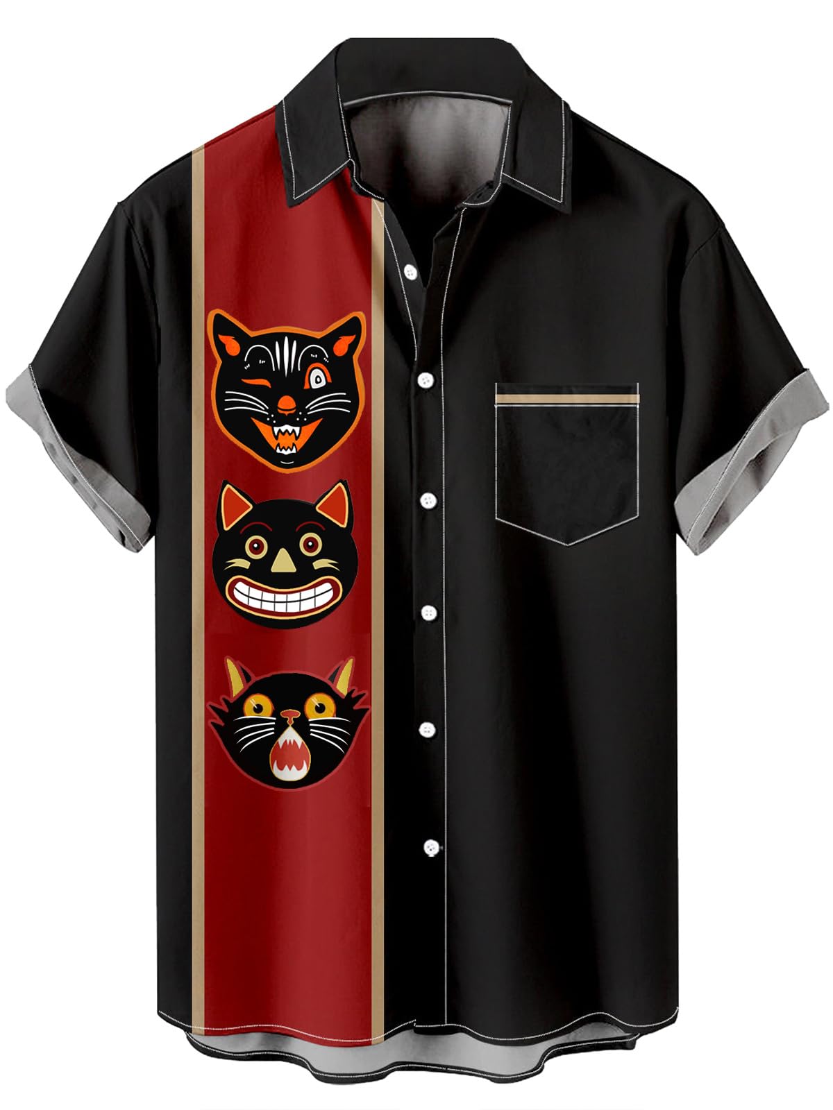 Mens Halloween Art Themed Short Sleeve Shirt, Color Block Button Up Funny Clown Cat Print Shirts Black Clown Cat