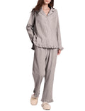 Rousytn Womens Cotton Pajama Sets Long Sleeve Button Down Striped 2 Piece Pjs Ruffle Sleepwear with Long Pants Lounge Set(Coffee