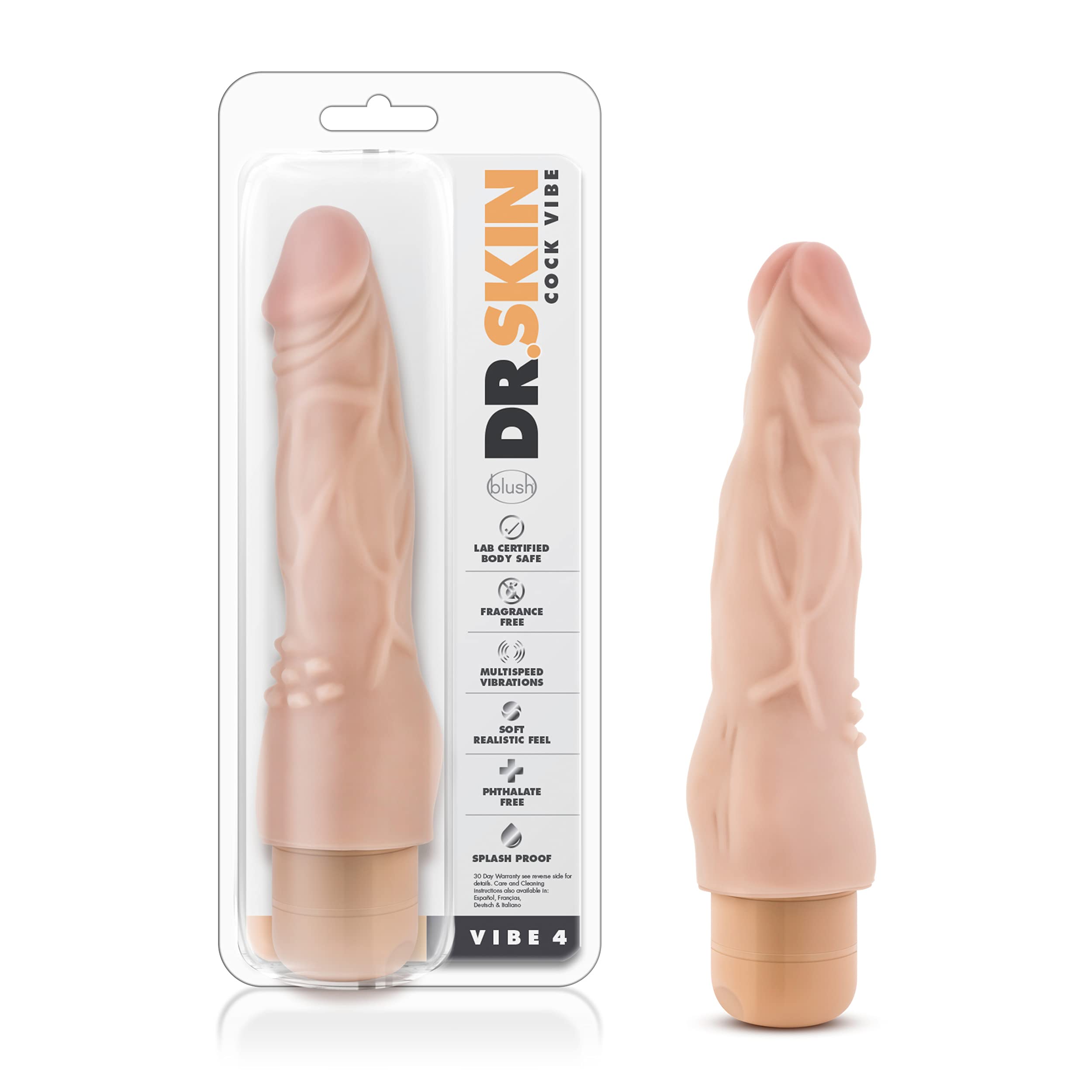 Blush Novelties Dr Skin Vibe 4 - Real Feel 8 Inch Realistic Vibrating Dildo - 2 Inch Width - IPX7 Waterproof - Soft Body Multi S