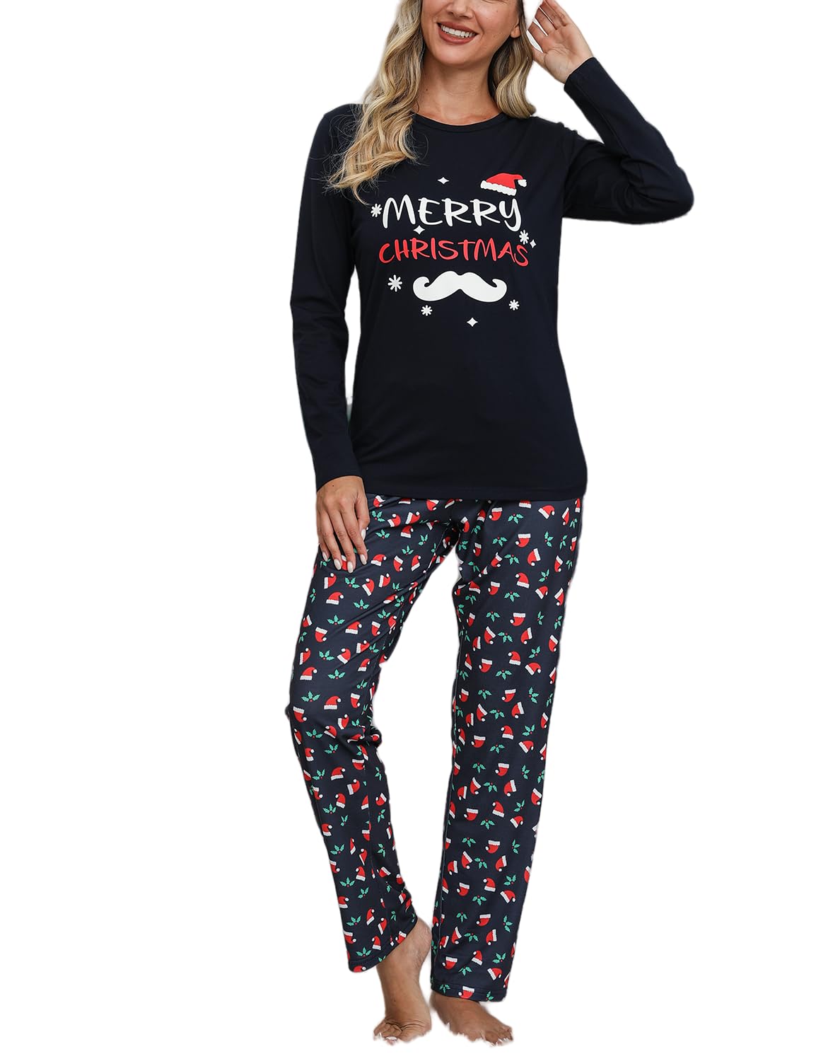 EISHOPEER Womens Christmas Loungewear Set Long Sleeve Top and Pant Pajamas Set Soft Sleepwear Pj Sets with Pocket Navy Blue Med