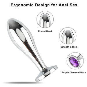 Anal Butt Plug, 3Pcs Set Safety Metal Anal Butt Plug Sex Toys with Crystal Diamond Beginner Anal Toys for Adult Unisex (Purple)