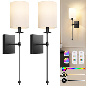 24.5 Inch Black Battery Operated Wall Sconces Set Of 2, Rechargeable Wireless Wall Lights With Remote & White Fabric Shade, Indo
