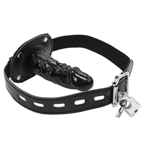 Lockable Dildo Mouth Gag SM Realistic Black Silicon Penis Gag Adjustable Leather Strap On with Lock Fantasy Sex Toys for Couple