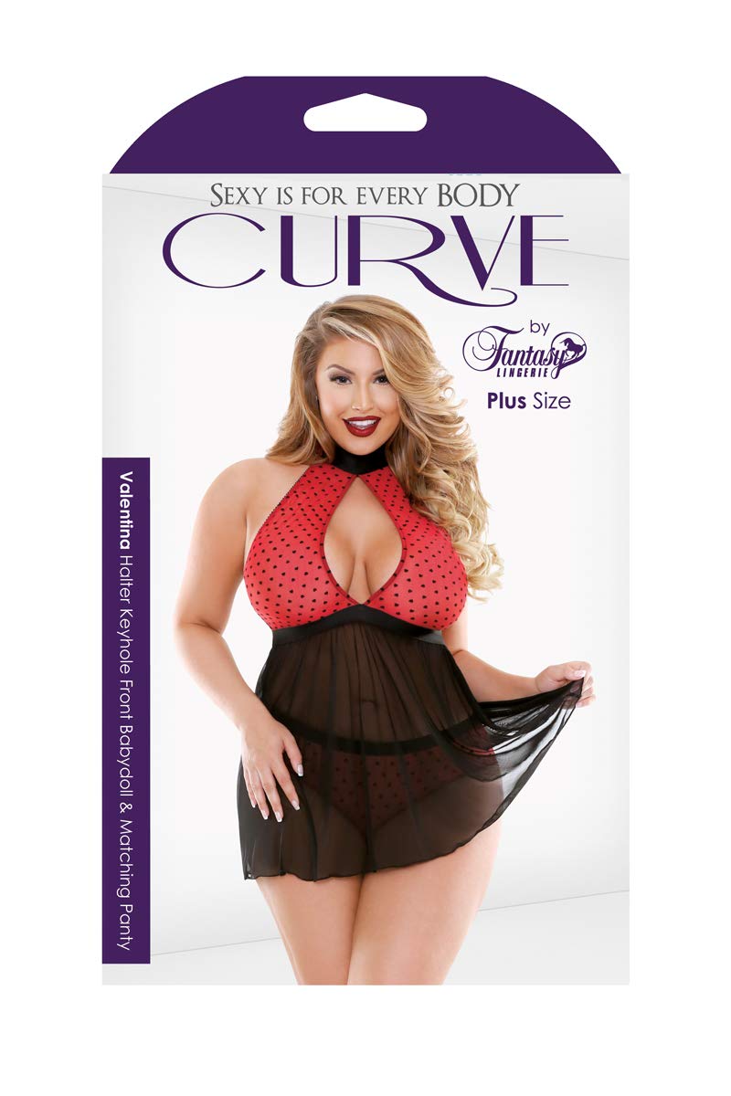 Fantasy Lingerie Costumes Valentina Flocked Heart Halter Keyhole Front Babydoll With Panty