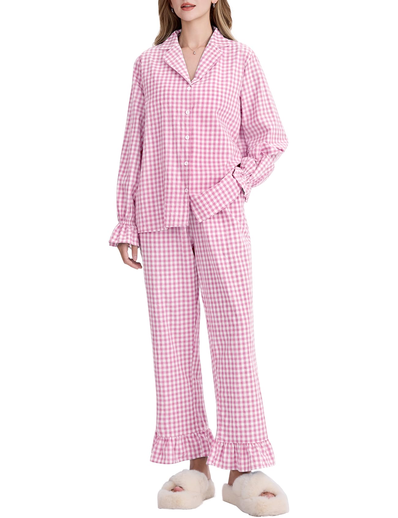 Kissonic Women Gingham Pajama Sets Cotton Long Sleeve Button Down Shirt and Pants Y2K Pjs Lounge Set Sleepwear(Pink-S)