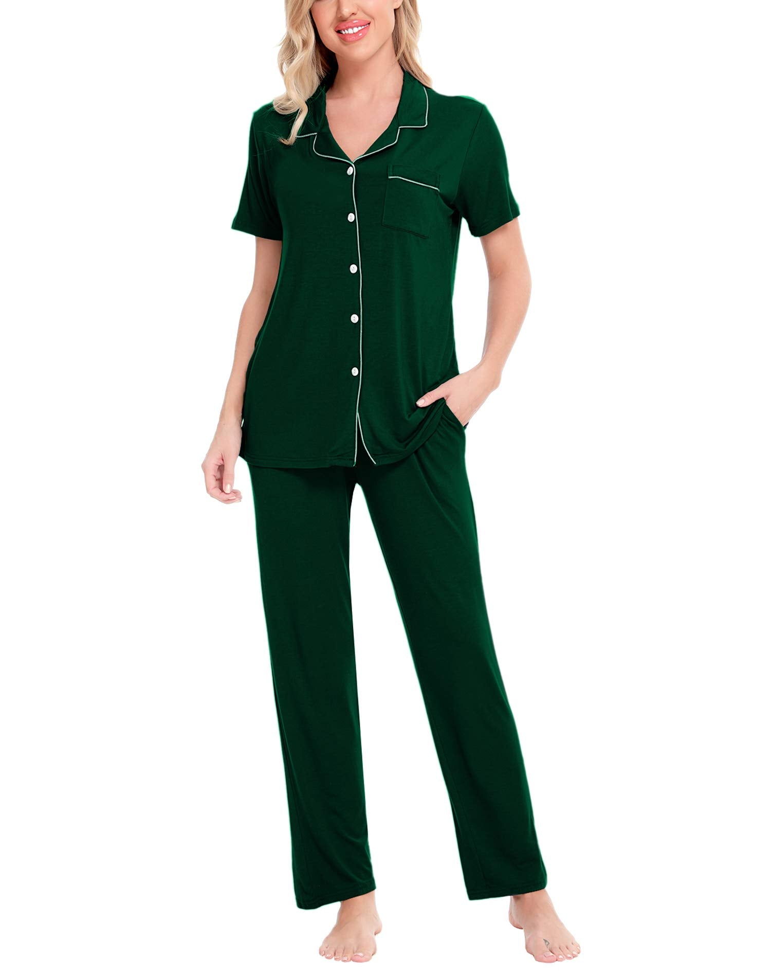 SWOMOG Women Pajama Sets Two-Piece Nightwear Short Sleeve Sleepwear Button Down Pj Lounge Sets with Long Pants Green