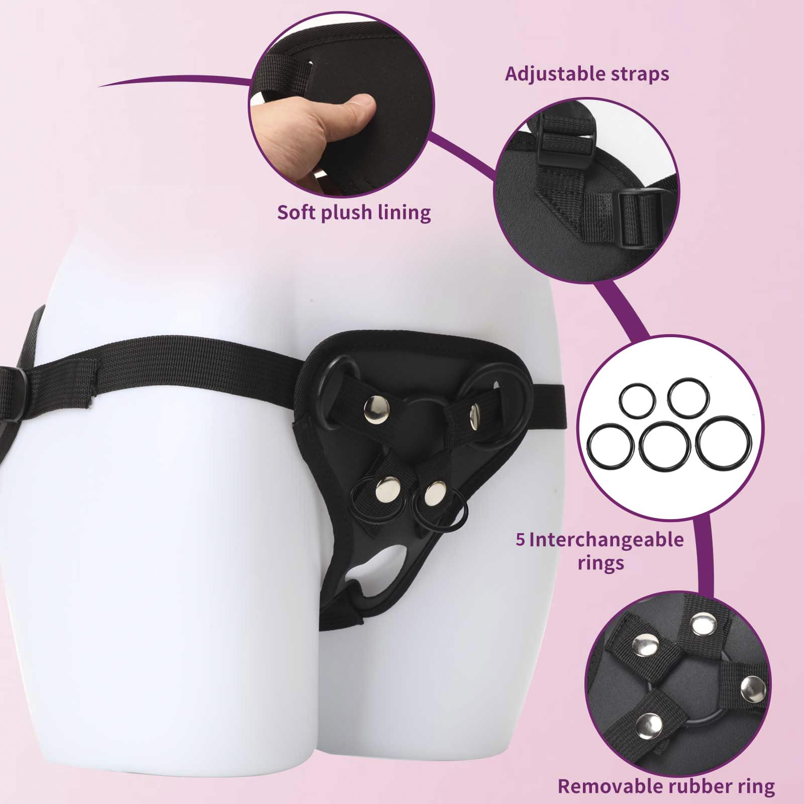 Strap On Dildo Harness, Plus Size Strapon Dildo Harness, Wide Bondage with Holes and 4 Rubber Rings, Adjustable Strap-on Harness