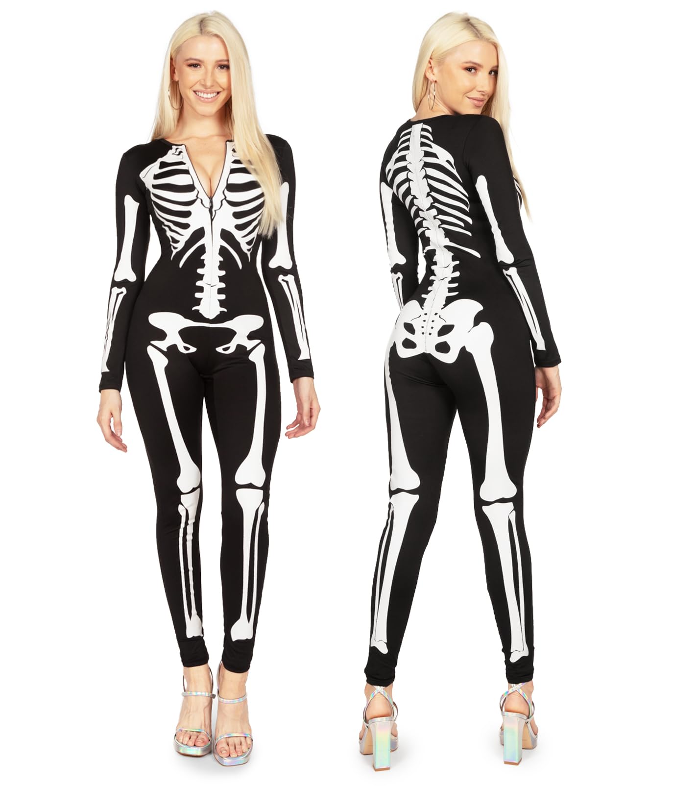 Tipsy Elves Form Fitting & Flattering Skeleton Bodysuit for Halloween - Womens Sexy Skeleton Costume - White Size Small