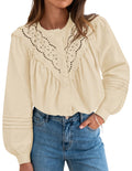 ZESICA 2026 Spring Summer Long Puff Sleeve Babydoll Tops for Women Lace Crochet Button Down Boho Victorian Shirts,Apricot,Small