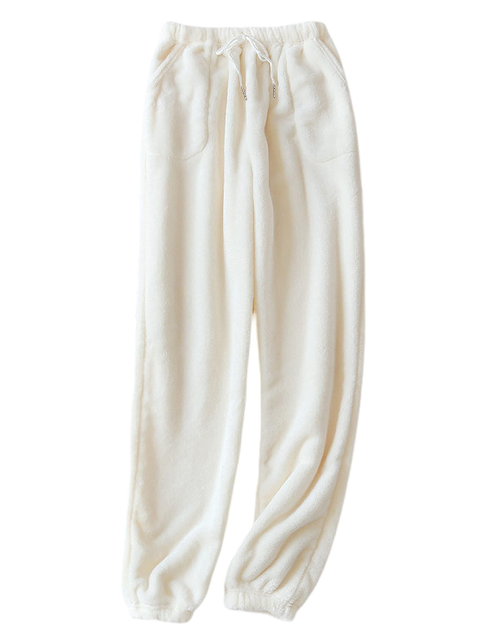 Yeokou Womens Fleece Pajama Pants Warm Fuzzy Cozy Sleep Bottoms With Pockets(Beige-XL)