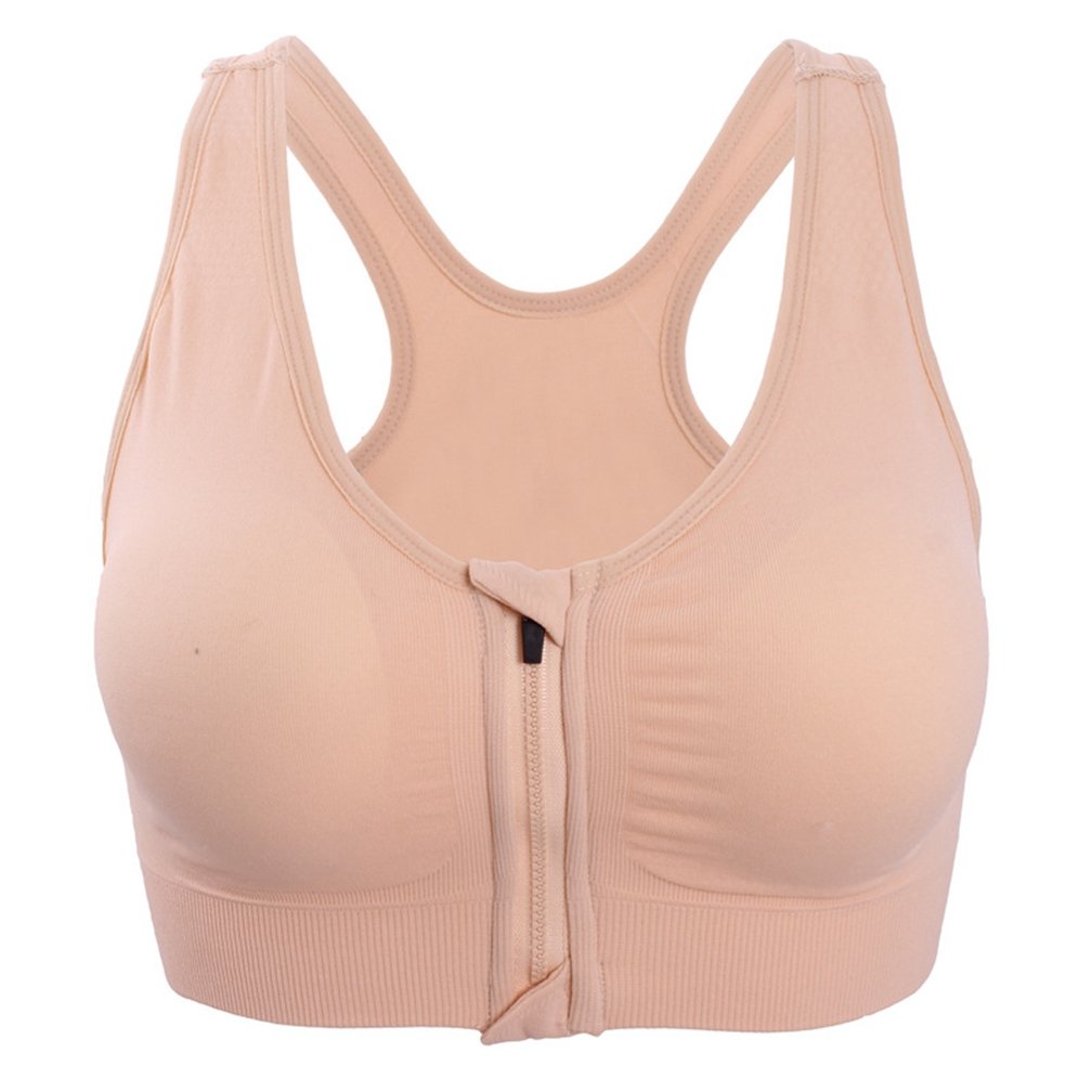 Hiking Gril Womens Zip Front Sports Bra Wireless Post-Surgery Yoga Bras Beige 3XL