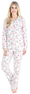PajamaMania Womens Cotton Flannel Long Sleeve Button-Down Pajamas PJ Set, Polar Bear, Small