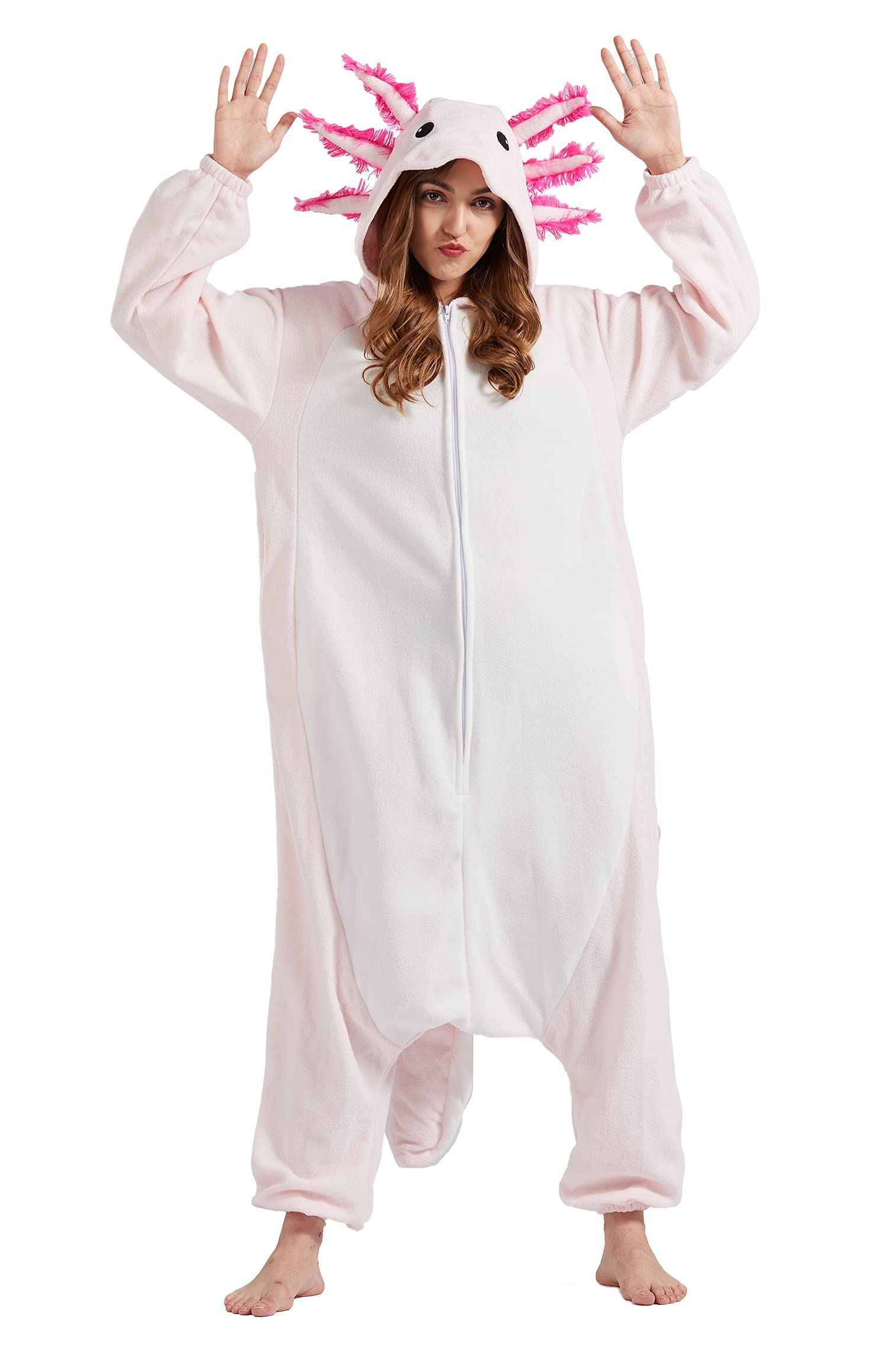DELEY Unisex Axolotl Onesie, Adult Animal Cosplay Costume Plush Homewear Sleepwear Jumpsuit Pink Axolotl Pajamas