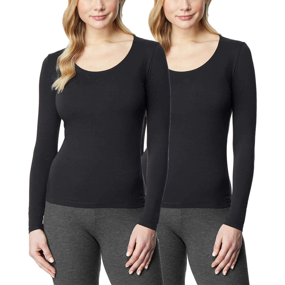 32 DEGREES Ladies Heat Long Sleeve Scoop Neck Tee 2-Pack, Black/Black, Medium