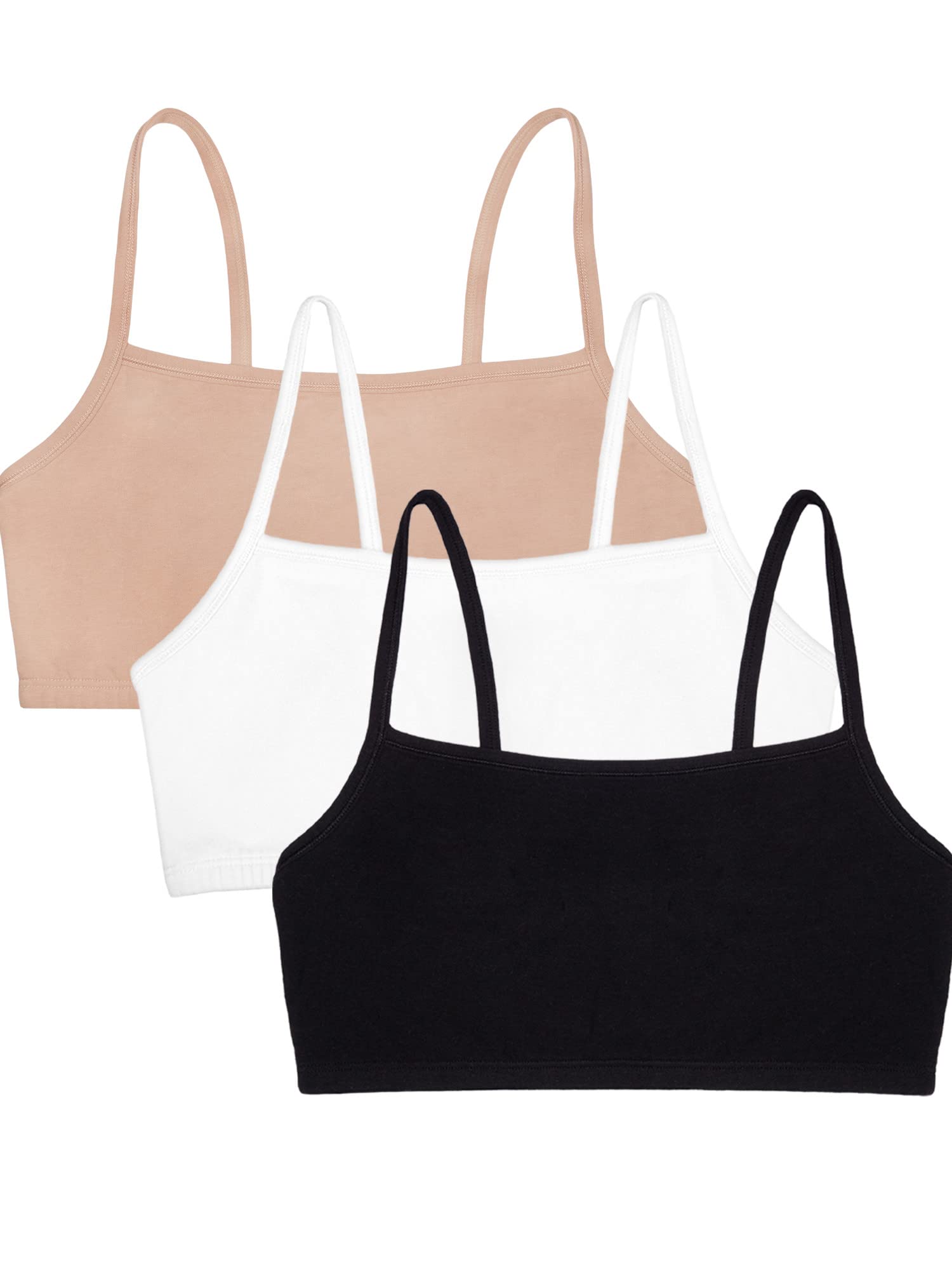 Fruit of the Loom Womens Spaghetti Strap Cotton Pull Over 3 Pack Sports Bra, White/Sand/Black, 40