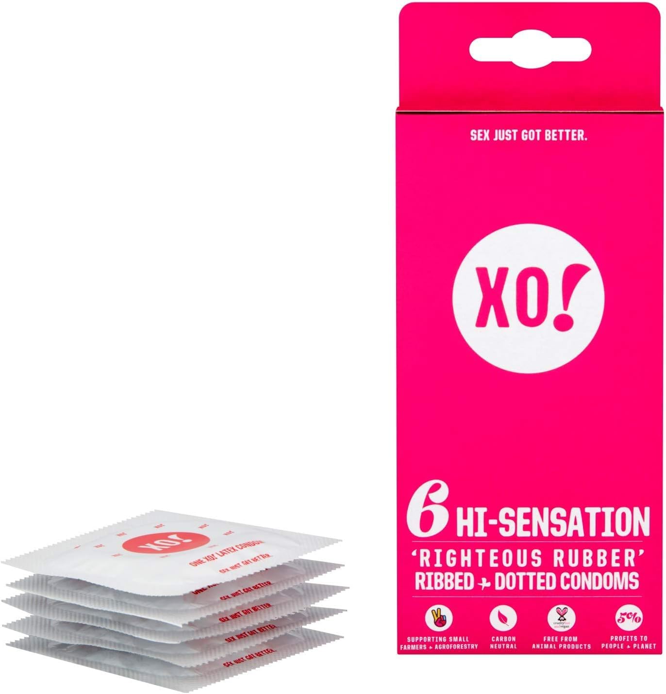 XO Hi-Sensation Righteous Rubber Condoms, PETA-Certified Vegan, Fairly-Traded Natural Latex, Ribbed and Dotted, Cruelty Free, Pa