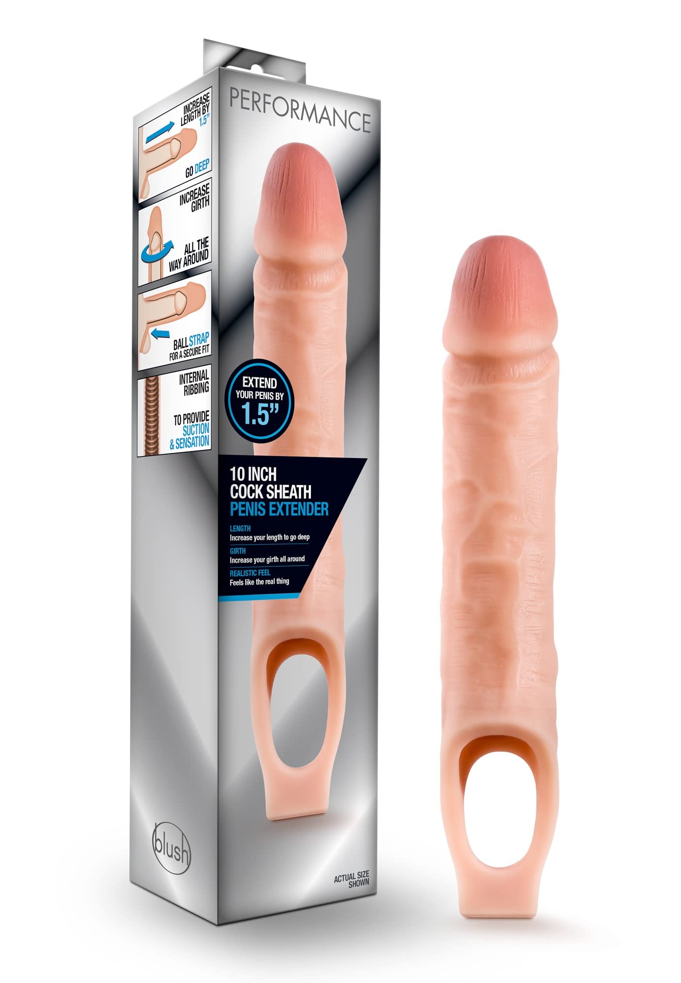 Blush Novelties, Performance - Ultra Soft X5 Plus Penis Sheath Extender - Extend Your Penis 1.5'' - Thicken Up To 2''- Ribbed Co