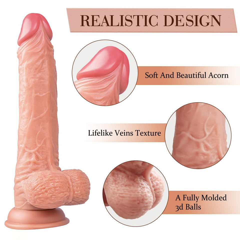 9 Inch Realistic Dildo, Body-Safe Material Lifelike Huge Penis With Strong Suction Cup For Hands-Free Play, Flexible Cock With Curved Shaft And Balls For Vaginal G-Spot And Anal Play