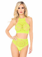 2Pc Crochet Lace Halter Crop T - Med/Lge / Neon Yello