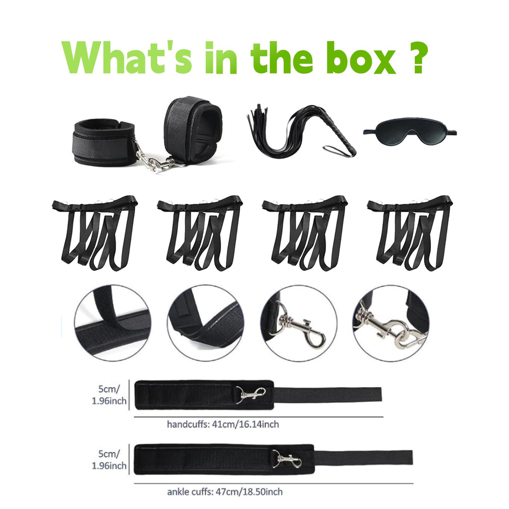 BDSM-Sex-Bondage-Kit Couples Bed Restraints Set,10 Pcs Adult Sex Toys with 4 Adjustable Wrist Thigh Cuffs,Whip,Eye Mask
