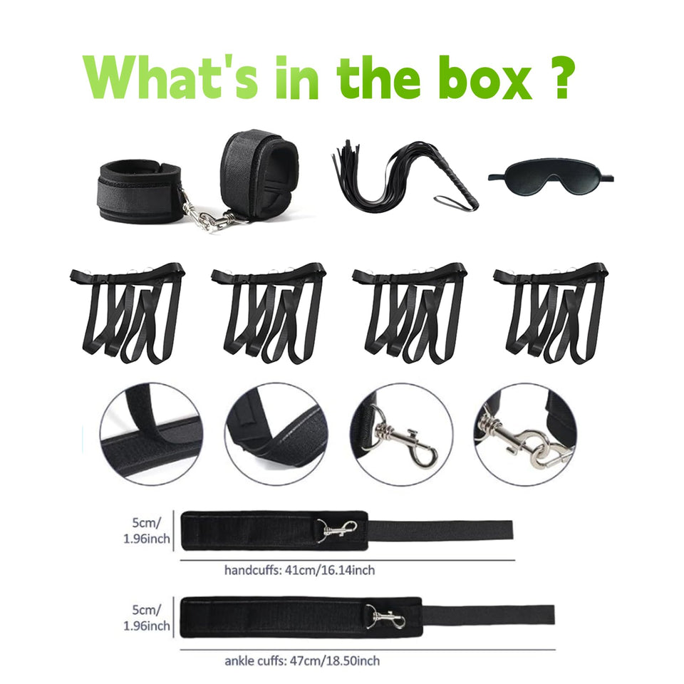 BDSM-Sex-Bondage-Kit Couples Bed Restraints Set,10 Pcs Adult Sex Toys with 4 Adjustable Wrist Thigh Cuffs,Whip,Eye Mask
